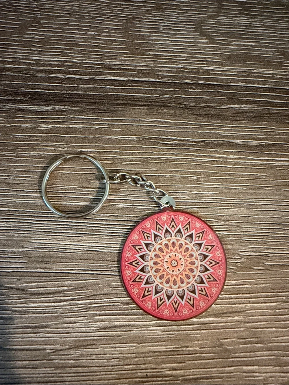 Silvertone Key Ring with Pink Mandala Print Keychain Keyring Key Chain Fob NEW
